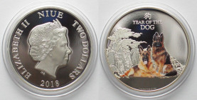 NIUE. 2 Dollars 2018, Lunar, YEAR OF THE DOG, silver, 1 oz, colored, Proof