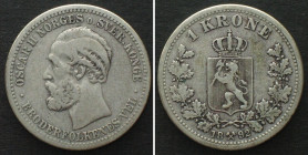 NORWAY. 1 Krone 1892 OSCAR II silver VF
