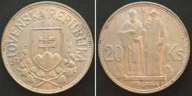 SLOVAKIA. 20 Korun 1941, ST. KYRILL & ST. METHODIUS, silver AU