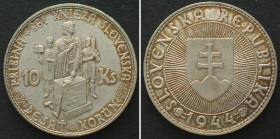 SLOVAKIA. 10 Korun 1944, PRINCE PRIBINA, cross atop church, silver UNC