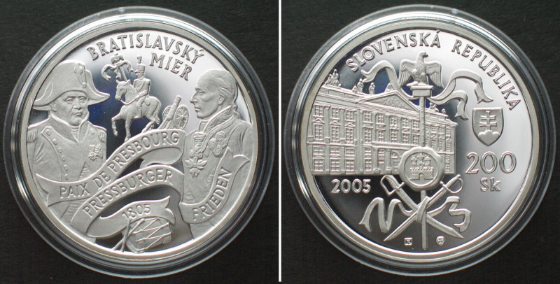 SLOVAKIA 200 Korun 2005, Treaty of Pressburg, Napoleon & Francis I, silver Proof...