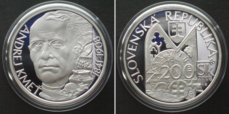 SLOVAKIA. 200 Korun 2008, Andrej Kmet, silver Proof. KM# 89