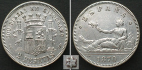 SPAIN 2 Pesetas 1870 (74) DE-M silver AU!