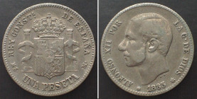 SPAIN. 1 Peseta 1885 (85) MS-M, ALFONSO XII, silver, KEY DATE! VF-XF