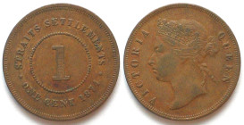 STRAITS SETTLEMENTS. Cent 1874, Victoria, copper, AU!