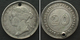 STRAITS SETTLEMENTS. 20 Cents 1874 H, VICTORIA, silver RARE! XF