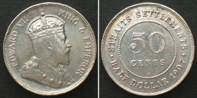 STRAITS SETTLEMENTS. 50 Cents 1907 H, EDWARD VII, silver AU!