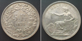 SWITZERLAND 5 Francs 1874 B. SEATED HELVETIA silver UNC-!