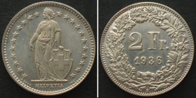 SWITZERLAND. 2 Franken 1936, silver, UNC/BU!!! Probably SPECIMEN