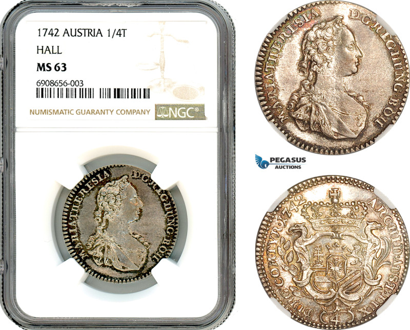 Austria, Maria Theresa, 1/4 Taler 1742, Hall Mint, Silver, Her 744, Partial blue...