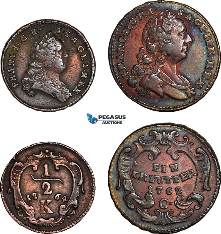 Austria, Francisc I, Mixed lot, 1/2 Kreuzer 1764 K & 1 Kreuzer 1762 C, Karlsburg...