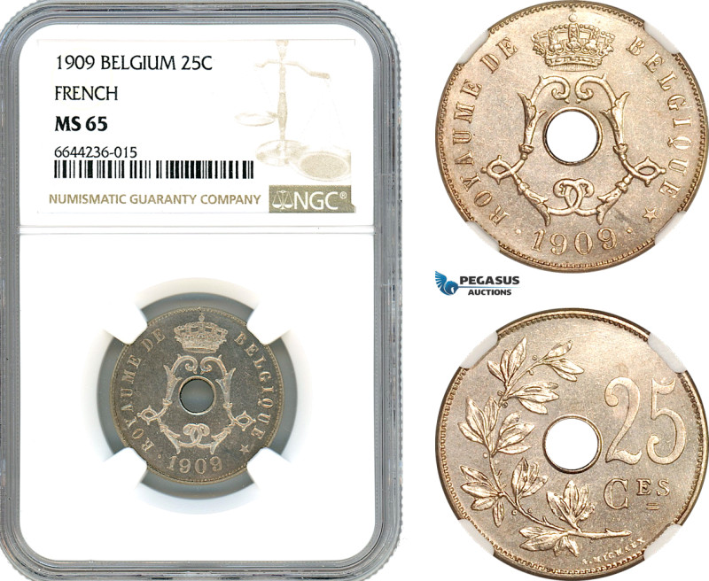 Belgium, Leopold II, 25 Centimes 1909, KM# 62, NGC MS65