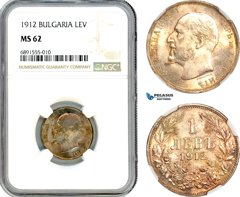 Bulgaria, Ferdinand I, 1 Lev 1912, Kremnica Mint, Silver, KM# 31, Magenta toning...