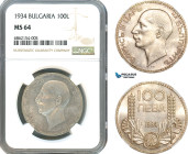 Bulgaria, Boris III, 100 Leva 1934, Silver, KM# 45, Light toning, NGC MS64