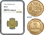 Estonia, 5 Marka 1926, KM# 6, NGC MS62, Rare!