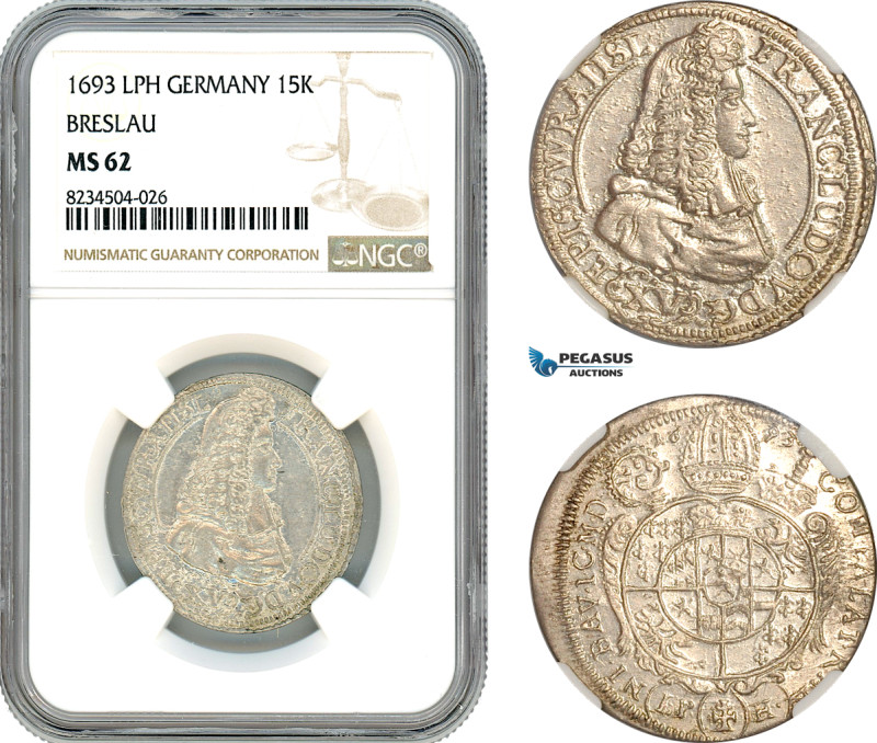 Germany, Breslau, Franz Ludwig, 15 Kreuzer 1693 LPH, Silver, Kop-6950, Flashy wi...