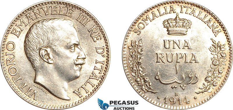 Italian Somaliland, Vittorio Emanuele III, Rupia 1914 R, Rome Mint, Silver, KM# ...