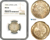 Latvia, 1 Lats 1924, Silver, KM# 7, Multicolour toning, NGC MS66