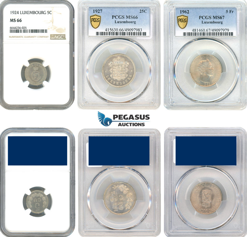 Luxembourg, Mixed Lot, 5 Centimes 1924 NGC MS66 (Top Pop), 25 Centimes 1927 PCGS...