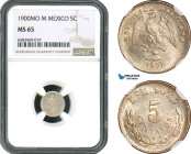 Mexico, 5 Centavos 1900 Mo M, Mexico City Mint, Silver, KM# 400.2, Light toning, NGC MS65, Top Pop!