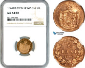 Romania, Carol I, 2 Bani 1867 H, Heaton Mint, Schäffer/Stambuliu 2a, NGC MS64 RD