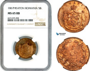 Romania, Carol I, 5 Bani 1867 H, Heaton Mint, Schäffer/Stambuliu 3a, NGC MS65 RB