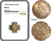 Romania, Carol I, 50 Bani 1900, Hamburg Mint, Silver, Schäffer/Stambuliu 48, Multicolour toning, NGC MS62