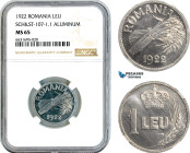 Romania, Ferdinand I, Pattern 1 Leu 1922, Aluminium, Schäffer/Stambuliu 107-1.1, NGC MS65, Top Pop and single finest graded!