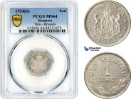 Romania, Ferdinand I, 1 Leu 1924, Brussels Mint, Thin Planchet, Schäffer/Stambuliu 86, PCGS MS64