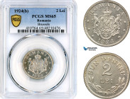 Romania, Ferdinand I, 2 Lei 1924, Brussels Mint, Schäffer/Stambuliu 87, PCGS MS65