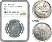 Romania, Ferdinand I, Pattern 5 Lei 1922, Aluminium, Schäffer/Stambuliu 116-1.4, NGC MS64, Top Pop and single finest graded!
