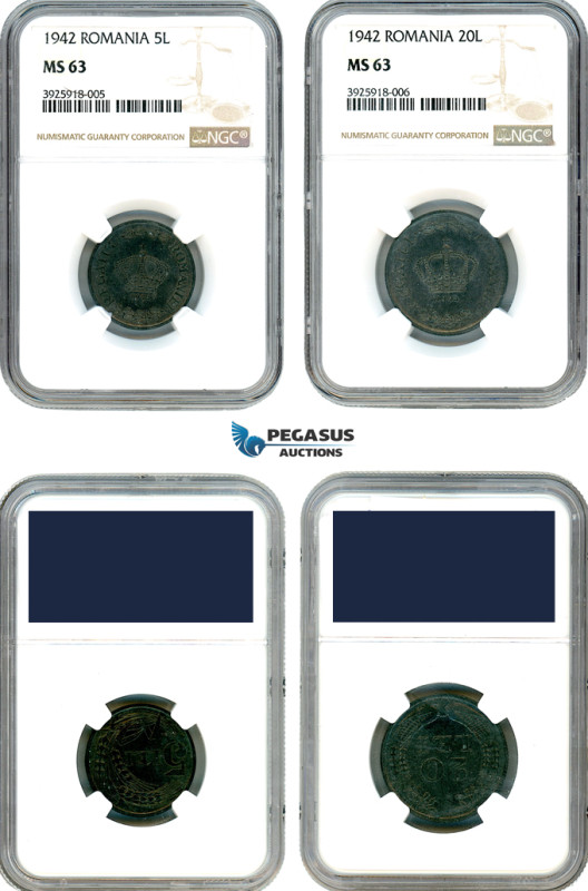 Romania, Mihai I, Mixed lot, 5 & 20 lei 1942, NGC MS63, Sold as is!