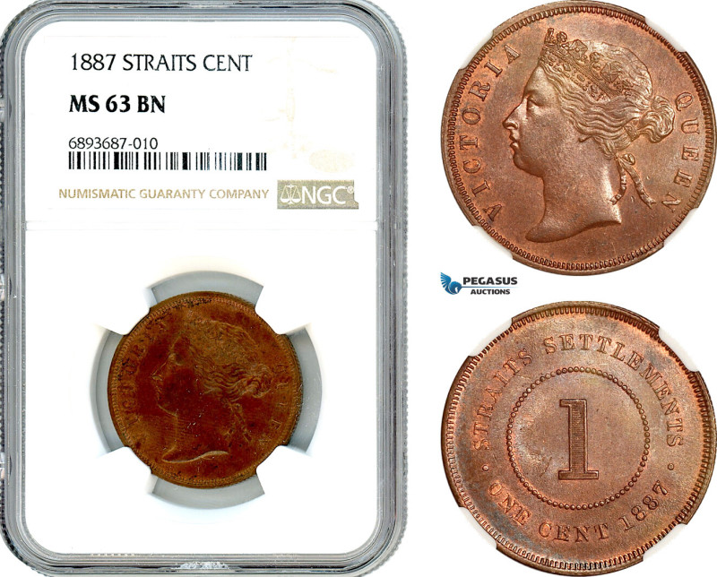Straits Settlements, Victoria, 1 Cent 1887, Calcutta Mint, Prid-176, NGC MS63 BN...