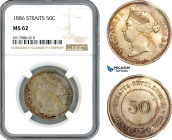 Straits Settlements, Victoria, 50 Cents 1886, London Mint, Silver, Prid-13, Very flashy with old cabinet toning! NGC MS62