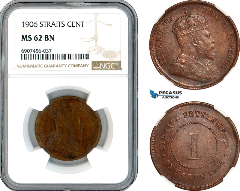 Straits Settlements, Edward VII, 1 Cent 1906, London Mint, Prid-189, NGC MS62 BN...