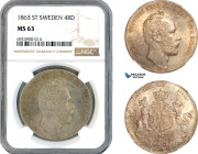 Sweden, Carl XV, 4 Riksdaler 1863 ST, Stockholm Mint, Silver, SM. 16, Deep champagne toning! NGC MS63, Top Pop!