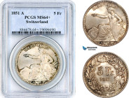 Switzerland, 5 Francs 1851 A, Paris Mint, Silver, KM# 11, Very flashy with light toning! PCGS MS64+
