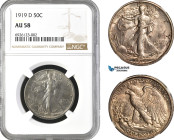 United States, "Liberty Walking" Half Dollar (50 Cents) 1919 D, Denver Mint, Silver, KM# 142, Lustrous, dark toning! NGC AU58, Rare date!