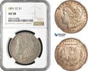 United States, "Morgan" Dollar 1891 CC, Carson City Mint, Silver, KM# 110, Good luster, NGC AU58