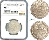 Yemen, al-Nasr Ahmad bin Yahya, 1/2 Ahmadi Riyal AH1382 // 1962, Silver, KM# Y16.1, NGC MS66, Top Pop and single finest graded!