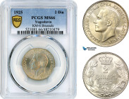 Yugoslavia, Alexander I, 2 Dinara 1925, Brussels Mint, KM# 6, PCGS MS66, Top Pop!