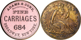 NEW YORK. New York. 1867 Adams & Cone Carriages. Bowers-NY-3480, Rulau-3. Brass, Pink Paper. Extremely Fine.
38 mm.
Ex Stephen L. Tanenbaum, 2011; o...