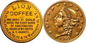 NEW YORK. New York. 1868 B.T. Babbitt, Lion Coffee. Bowers-NY-3600, Rulau-18. Gilt Brass, Orange Paper. About Uncirculated.
34 mm.
From our sale of ...