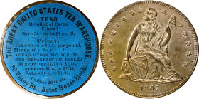 NEW YORK. New York. 1867 Great United States Tea Warehouse. Bowers NY-6260, Rulau-Unlisted. Silvered Brass, Blue Paper. Choice About Uncirculated.
38...