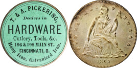 OHIO. Cincinnati. 1867 T. & A. Pickering. Bowers-OH-1260, Rulau-520. Silvered Brass, Mint Green Paper. About Uncirculated.
38 mm.
Ex Stephen L. Tane...