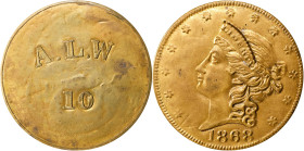 NON-LOCAL. 1868 A.L.W. 10. Bowers-NL-8500, Rulau-Unlisted. Brass, Gilt. Extremely Fine.
34 mm.
Ex Stephen L. Tanenbaum; our sale of the Q. David Bow...