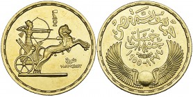 EGYPT, REPUBLIC (AD 1953-1958) Gold five-pounds, 1374h (AD 1955) Obverse: Ancient Egyptian charioteer riding to right, holding drawn bow Weight: 42.65...