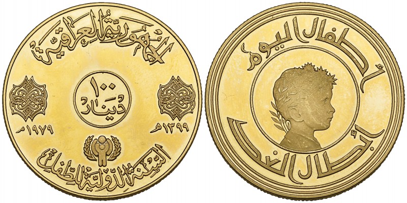 IRAQ, REPUBLIC Proof gold 100-dinars, 1399h (AD 1979) Reverse: International Yea...