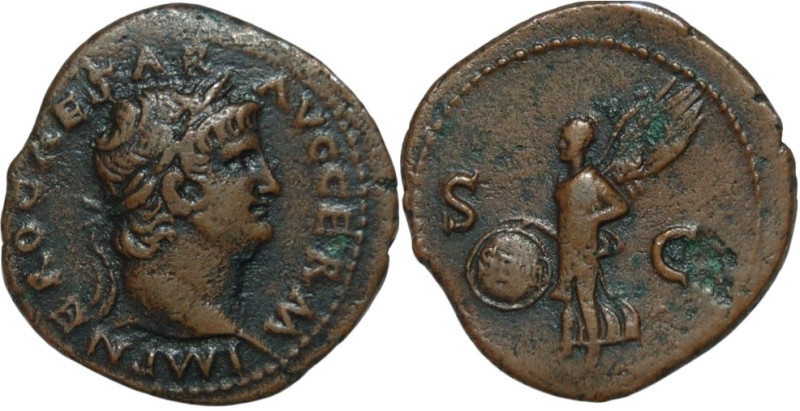 Nero As
Obv. NERO CAESAR AVG GERM IMP, laureate head right.
Rev. S C, Victory fl...