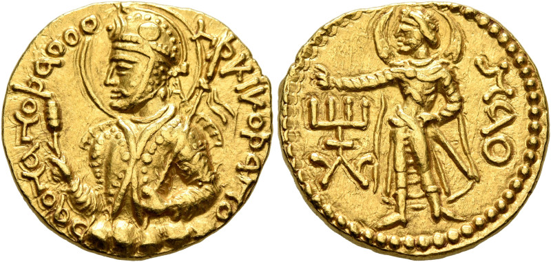 INDIA, Kushan Empire. Huvishka, circa 151-190. Dinar (Gold, 21 mm, 7.89 g, 12 h)...